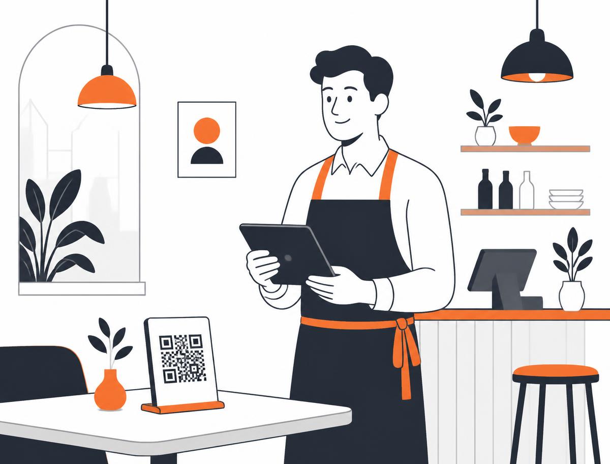 Atendente de estabelecimento usando tablet ao lado de uma mesa com QR Code